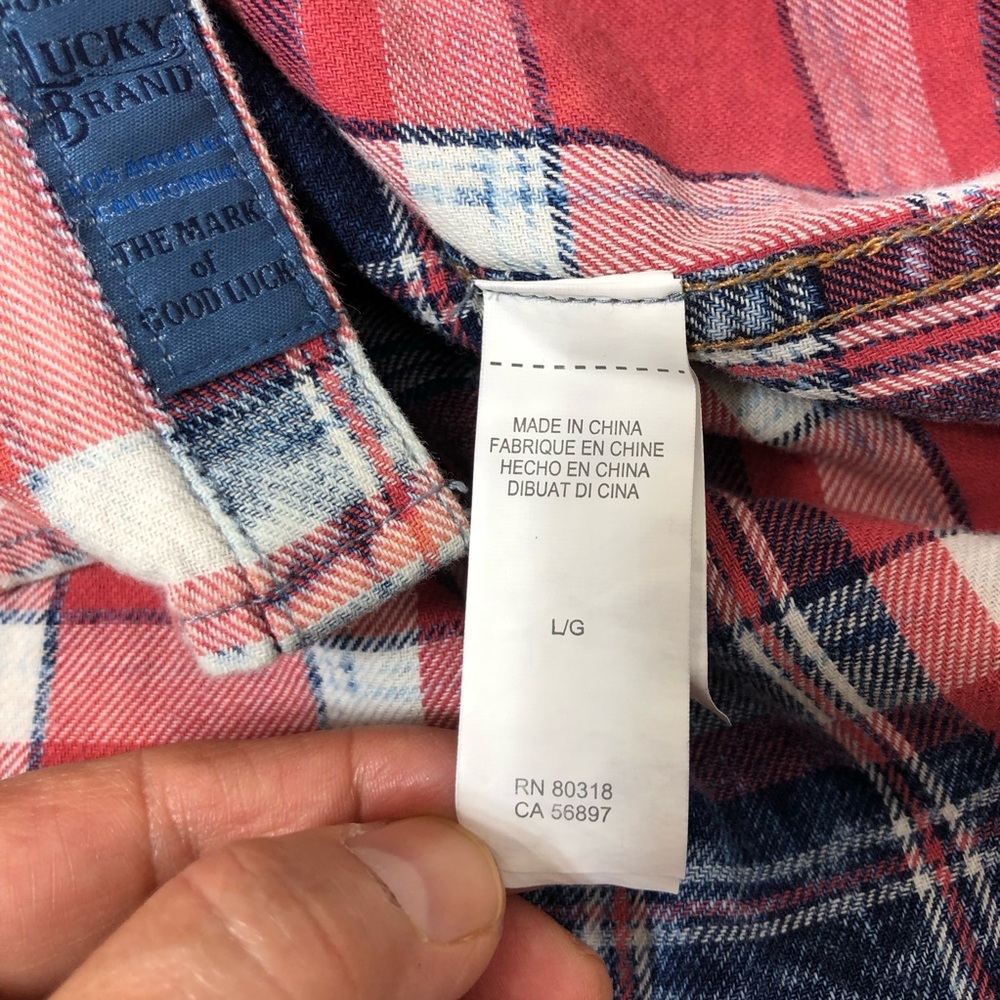 Lucky Brand Washed & Worn Cotton Red White Blue Pearl Snap Plaid Shirt  L - Picture 11 of 15